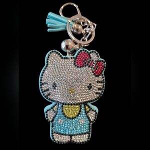 Hello Kitty Blue Rhinestone Bag Charm Keychain with Pink Tassel